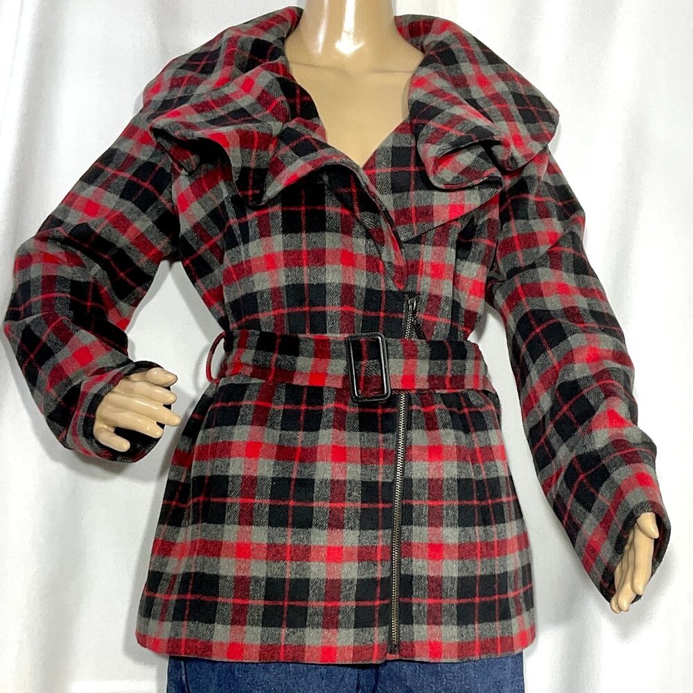 Twiggy London Sz Med Plaid Ruffle Short Trench Coat